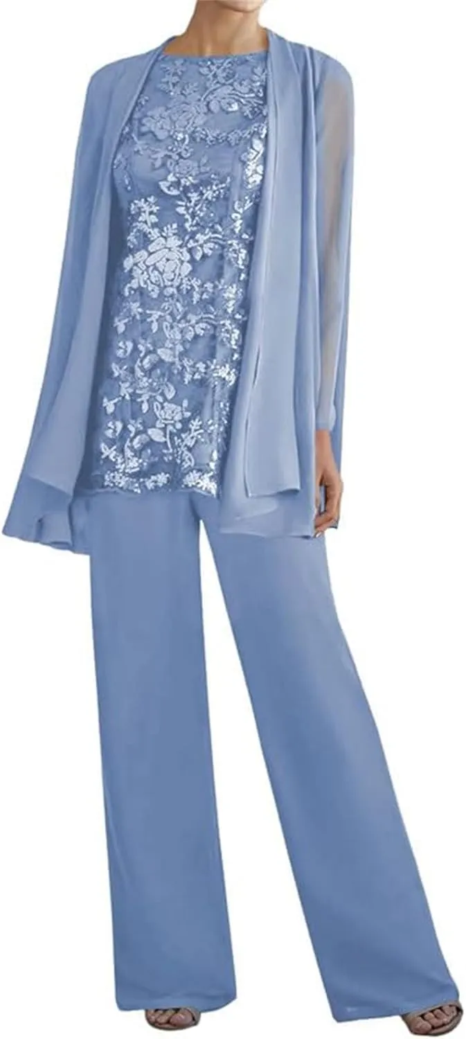 3 Piece Mother of The Bride Pant Suits - Lace Chiffon Grandmother of The Bride Dresses with Jacket Long Sleeve