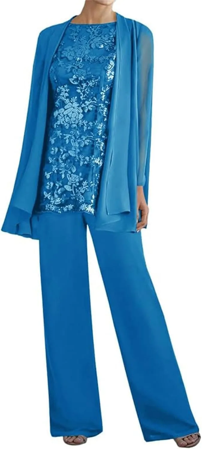 3 Piece Mother of The Bride Pant Suits - Lace Chiffon Grandmother of The Bride Dresses with Jacket Long Sleeve