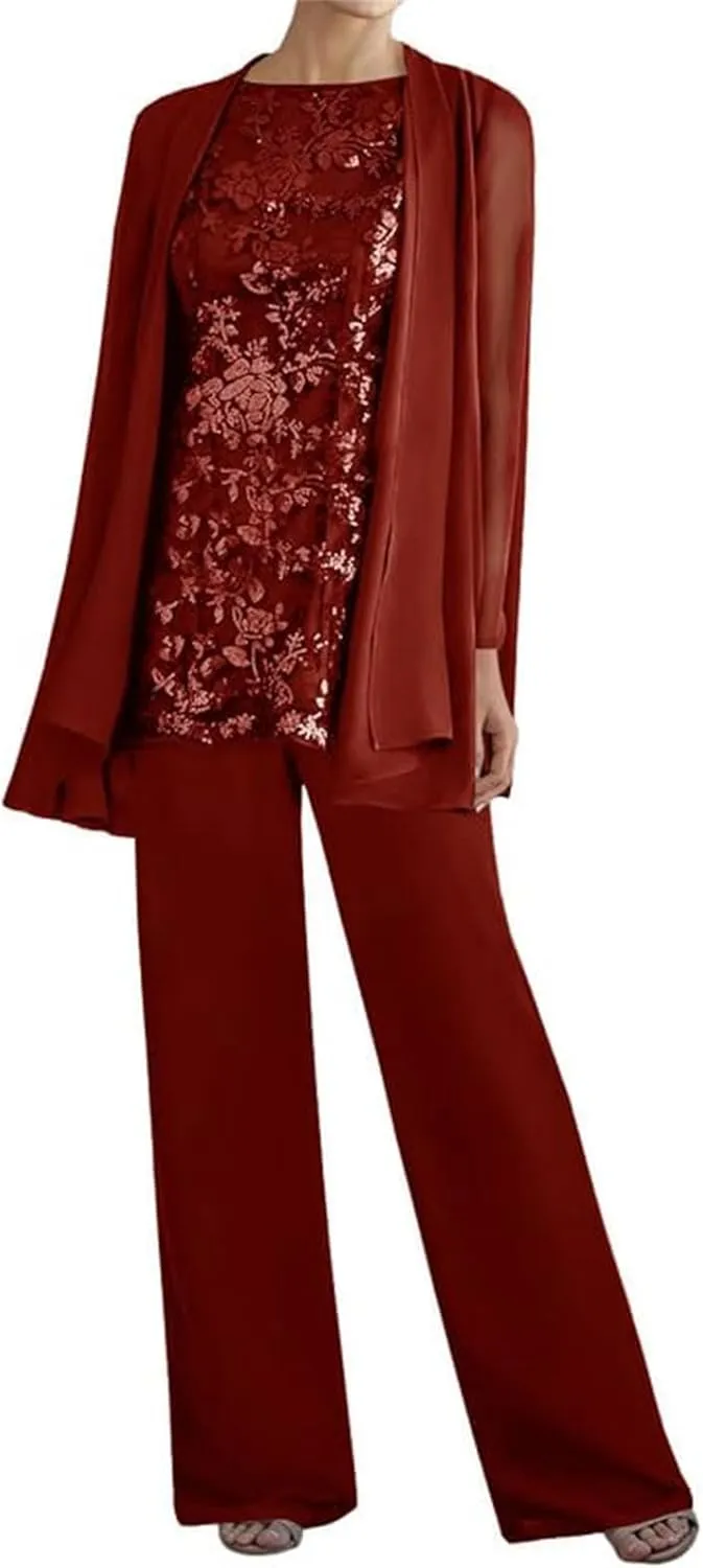 3 Piece Mother of The Bride Pant Suits - Lace Chiffon Grandmother of The Bride Dresses with Jacket Long Sleeve