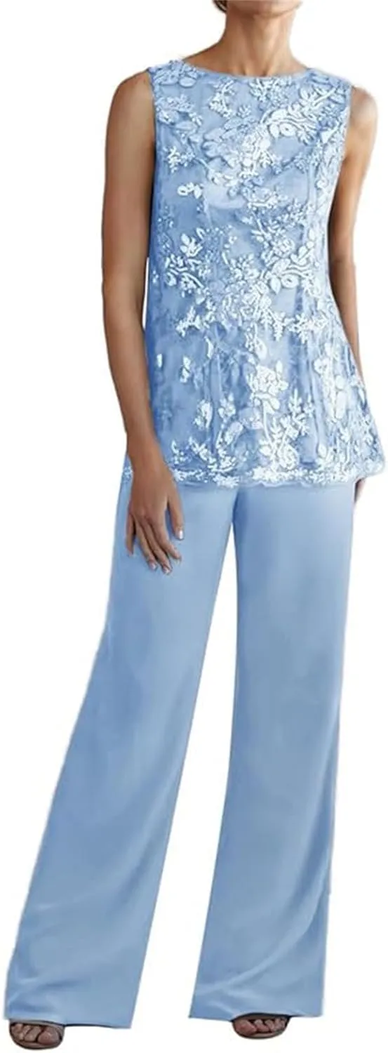3 Piece Mother of The Bride Pant Suits - Lace Chiffon Grandmother of The Bride Dresses with Jacket Long Sleeve