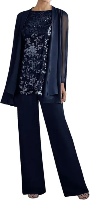 3 Piece Mother of The Bride Pant Suits - Lace Chiffon Grandmother of The Bride Dresses with Jacket Long Sleeve