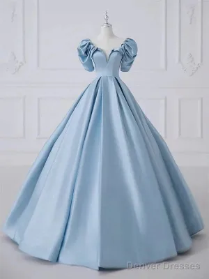 A-Line Princess Satin Blue Long Prom Dress Quinceanera Dress Elegant Evening Dress