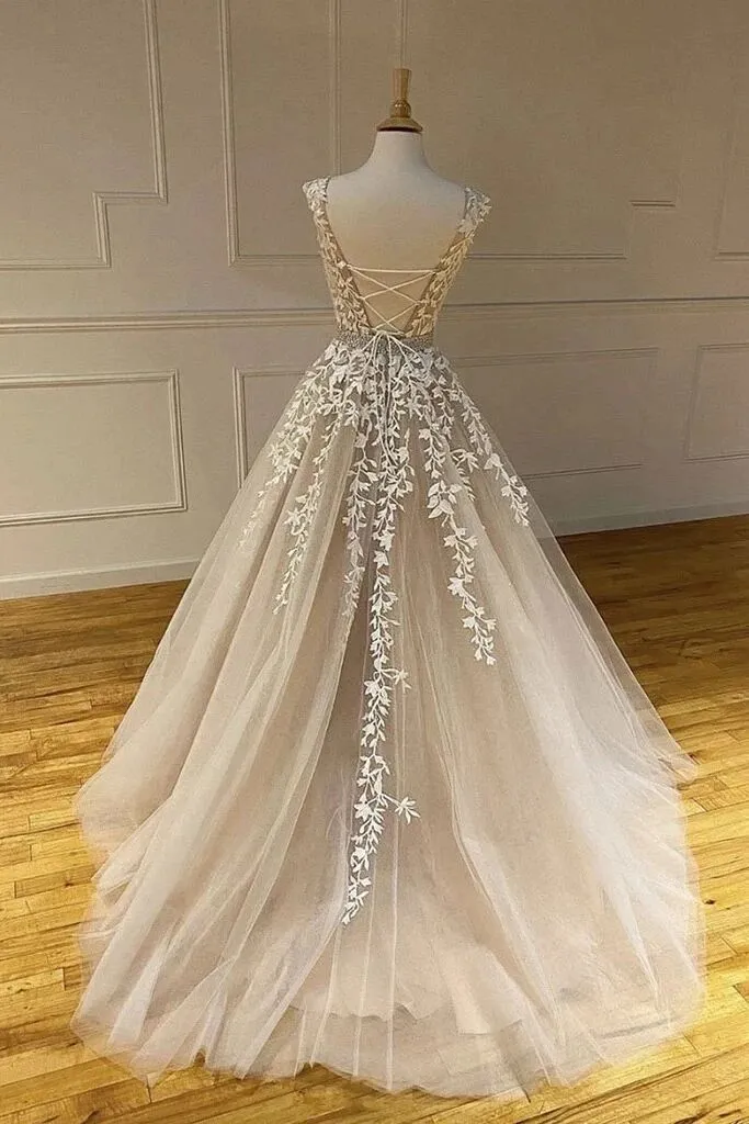 A-line Scoop Lace Appliques Long Prom Dresses Cheap Evening Dress PFP1765