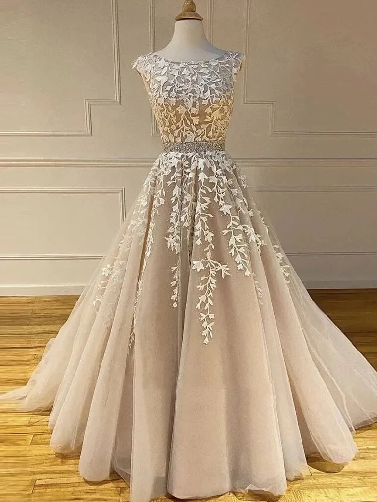 A-line Scoop Lace Appliques Long Prom Dresses Cheap Evening Dress PFP1765