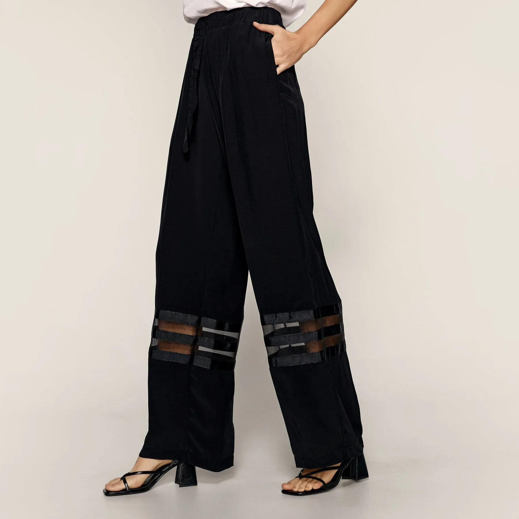 Access Fashion Ellen Wide Leg Trousers with Sheer Panels in Black