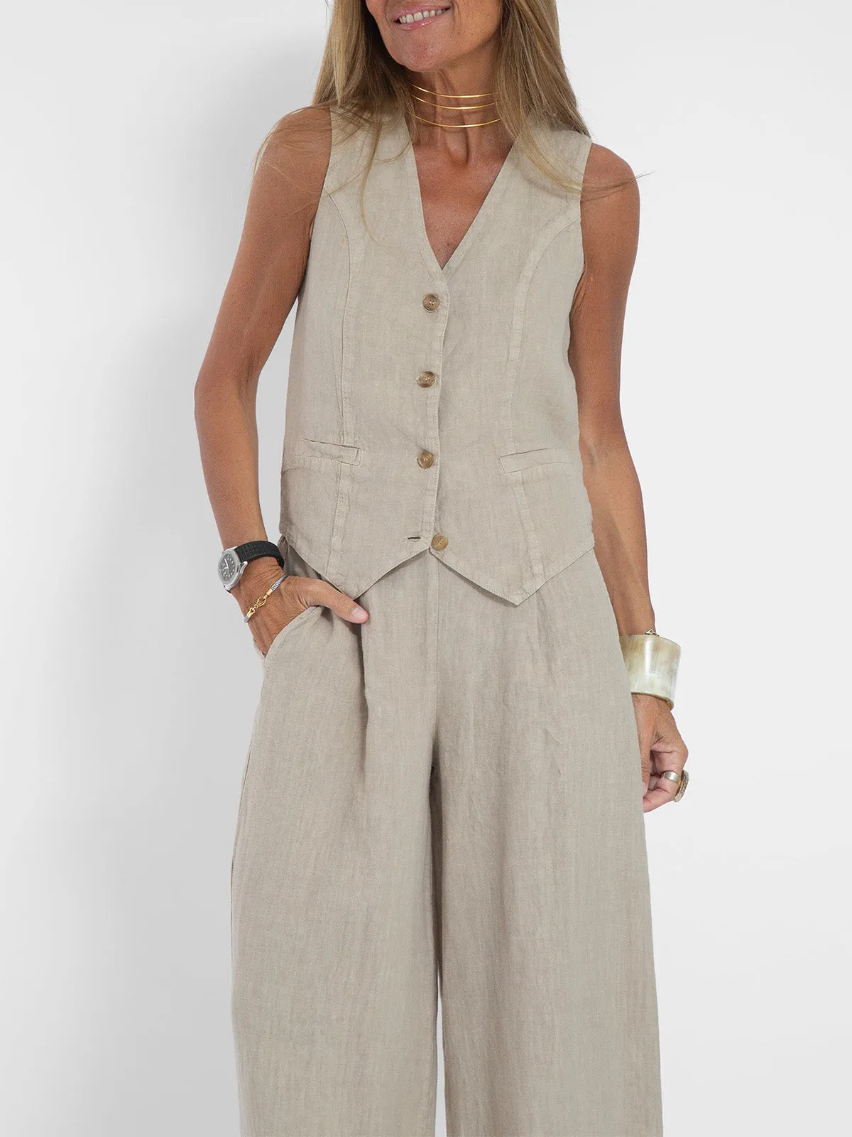 Aira - Buttoned Vest and Wide-Leg Trousers Set