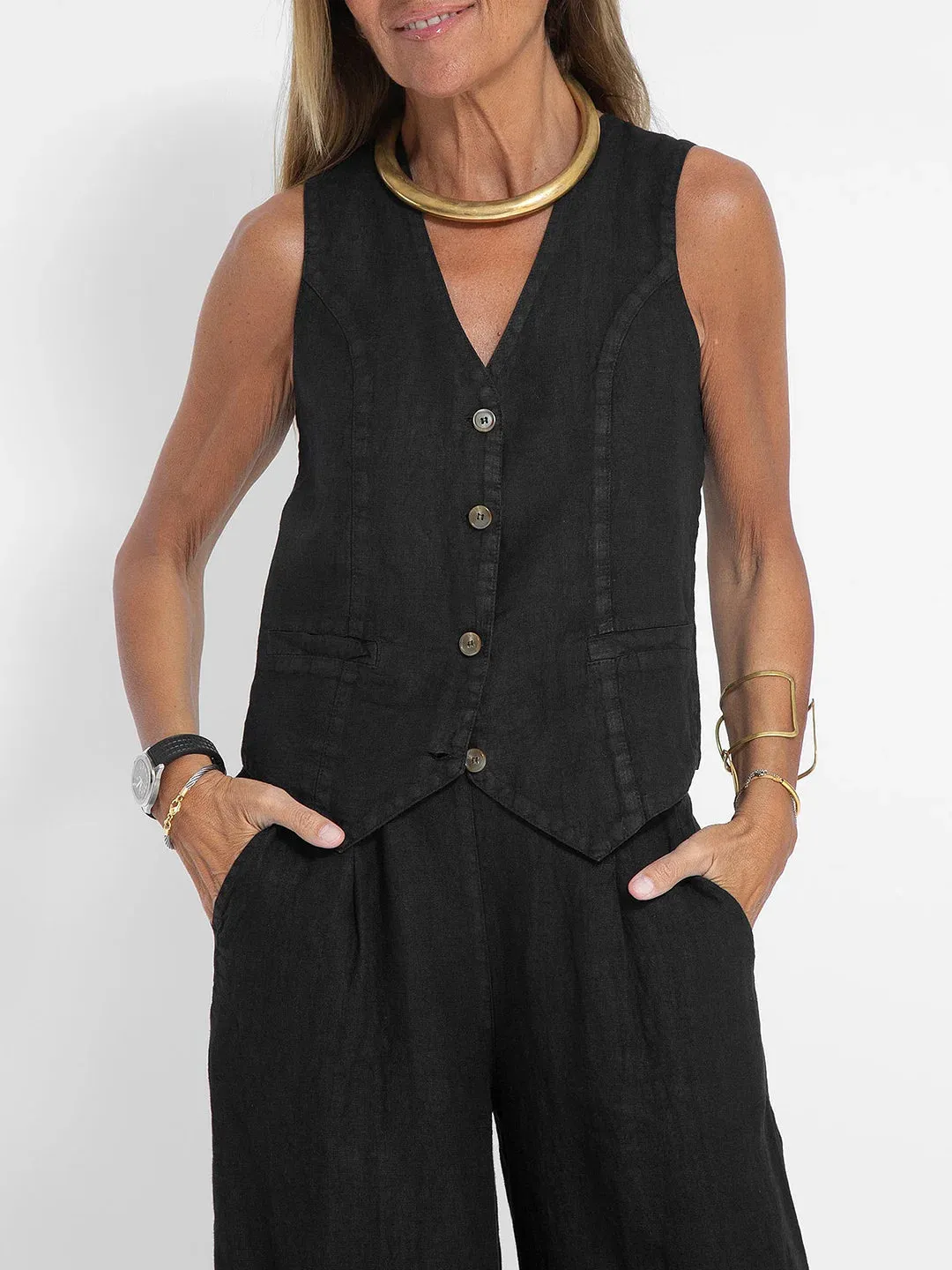 Aira - Buttoned Vest and Wide-Leg Trousers Set