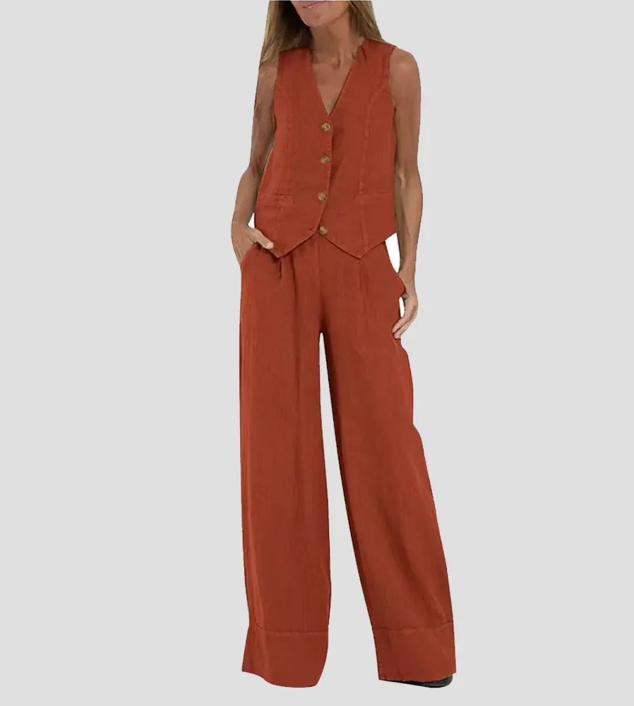 Aira - Buttoned Vest and Wide-Leg Trousers Set