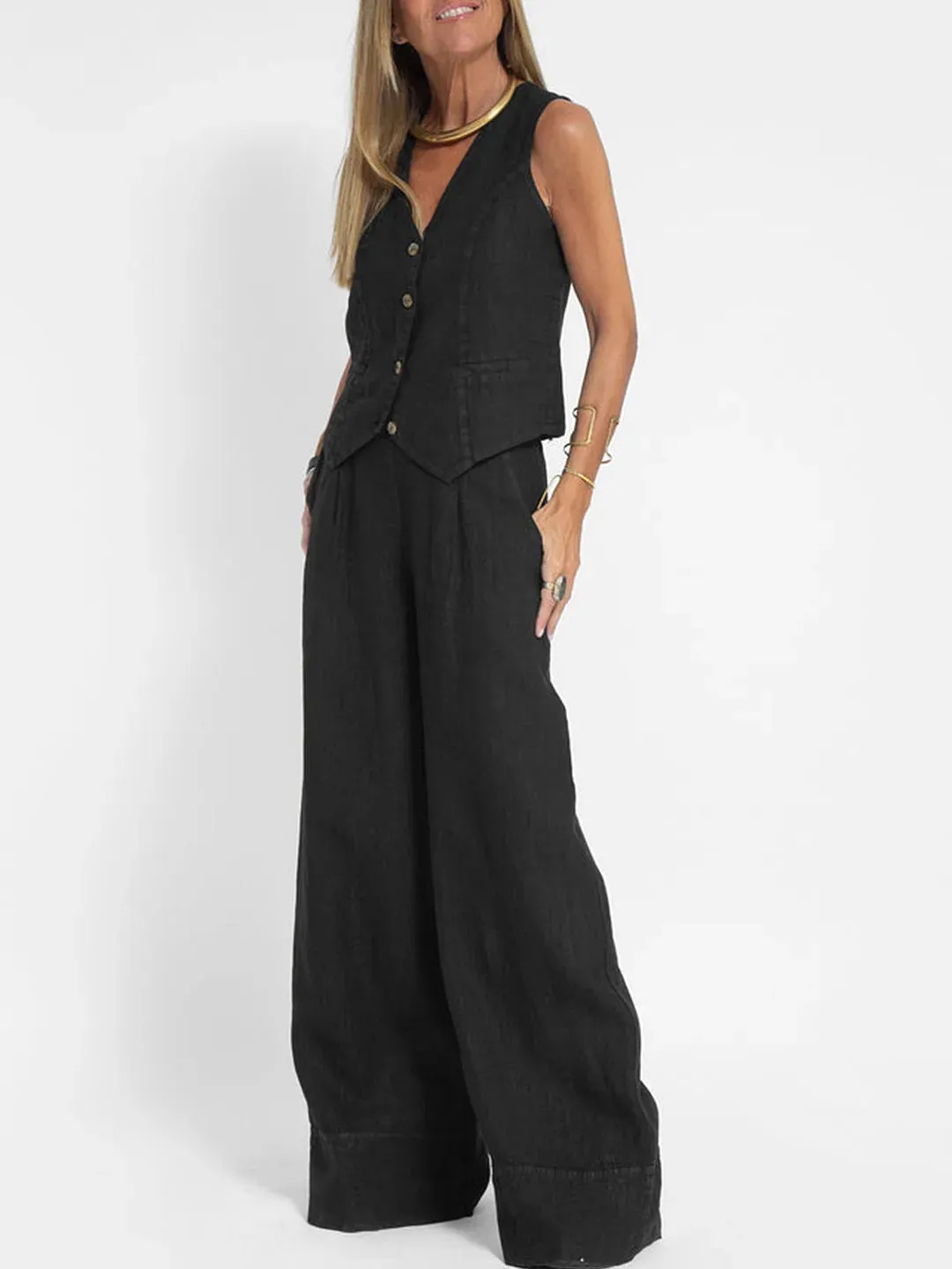 Aira - Buttoned Vest and Wide-Leg Trousers Set