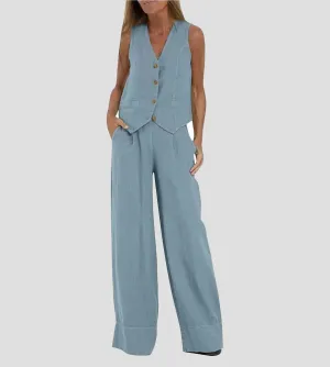 Aira - Buttoned Vest and Wide-Leg Trousers Set