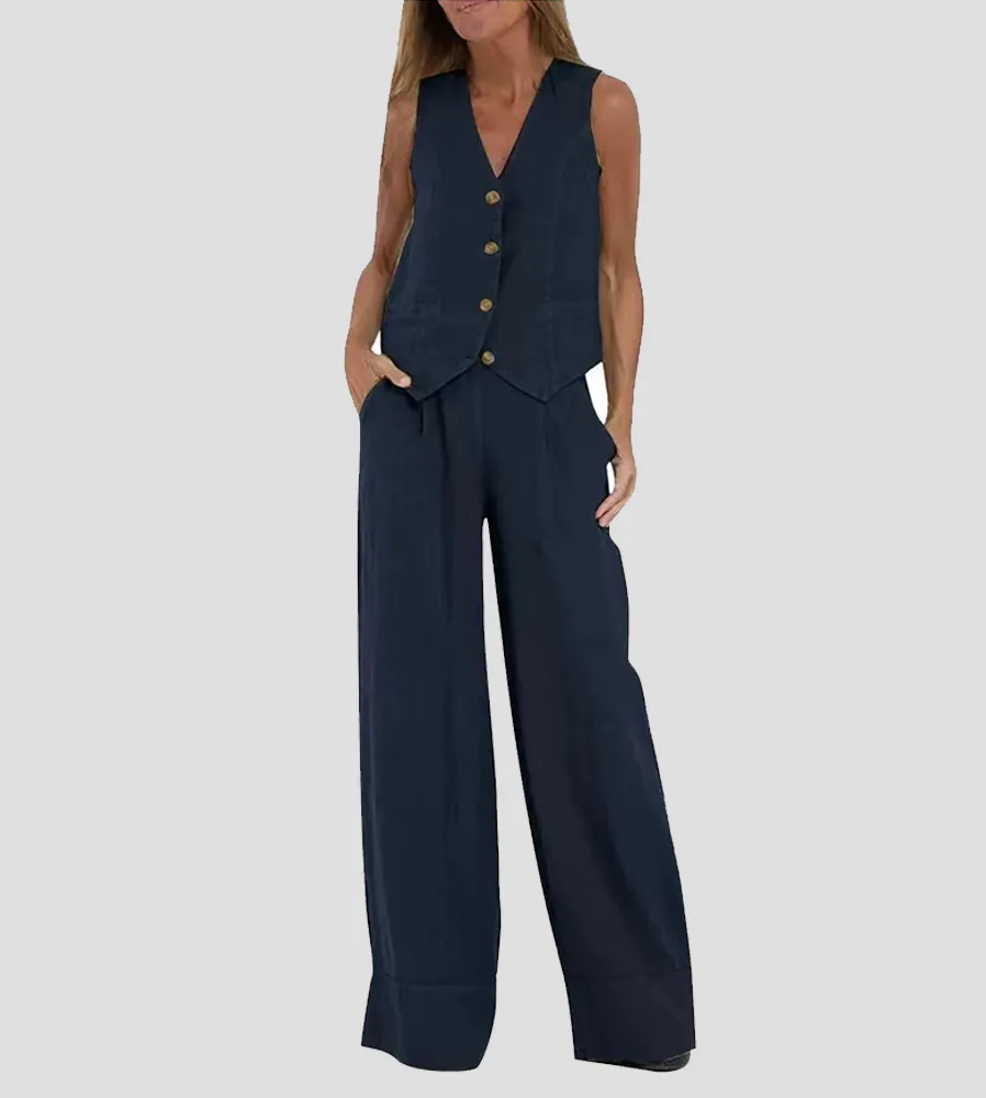 Aira - Buttoned Vest and Wide-Leg Trousers Set