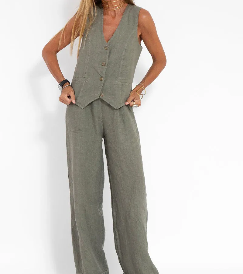 Aira - Buttoned Vest and Wide-Leg Trousers Set