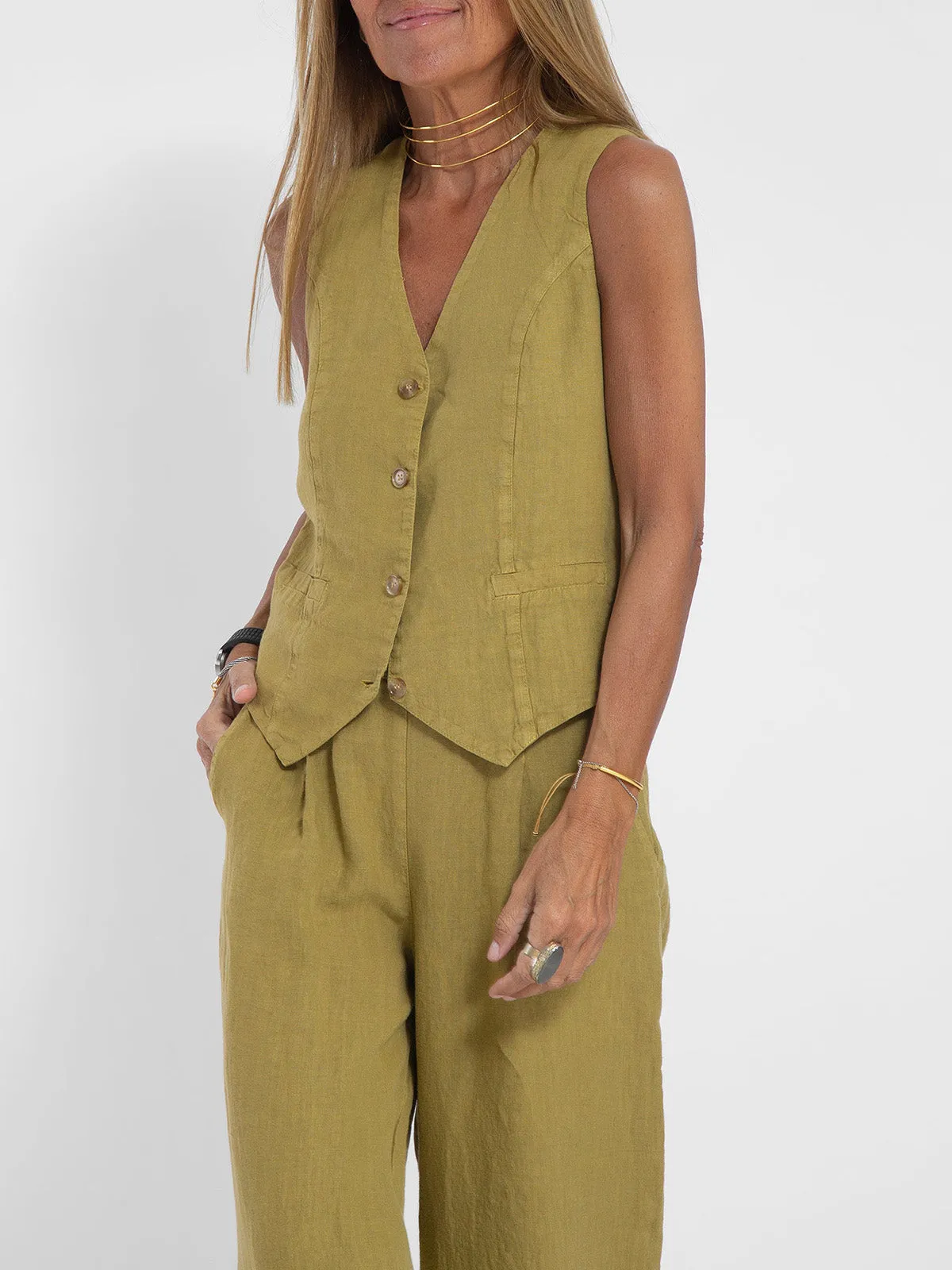 Aira - Buttoned Vest and Wide-Leg Trousers Set