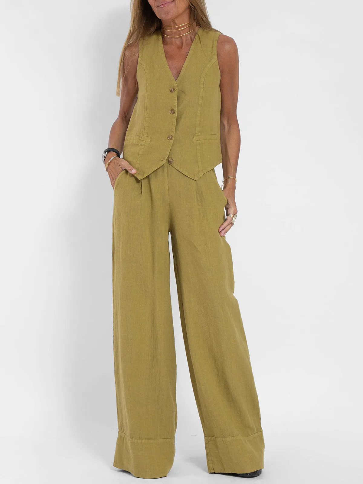 Aira - Buttoned Vest and Wide-Leg Trousers Set