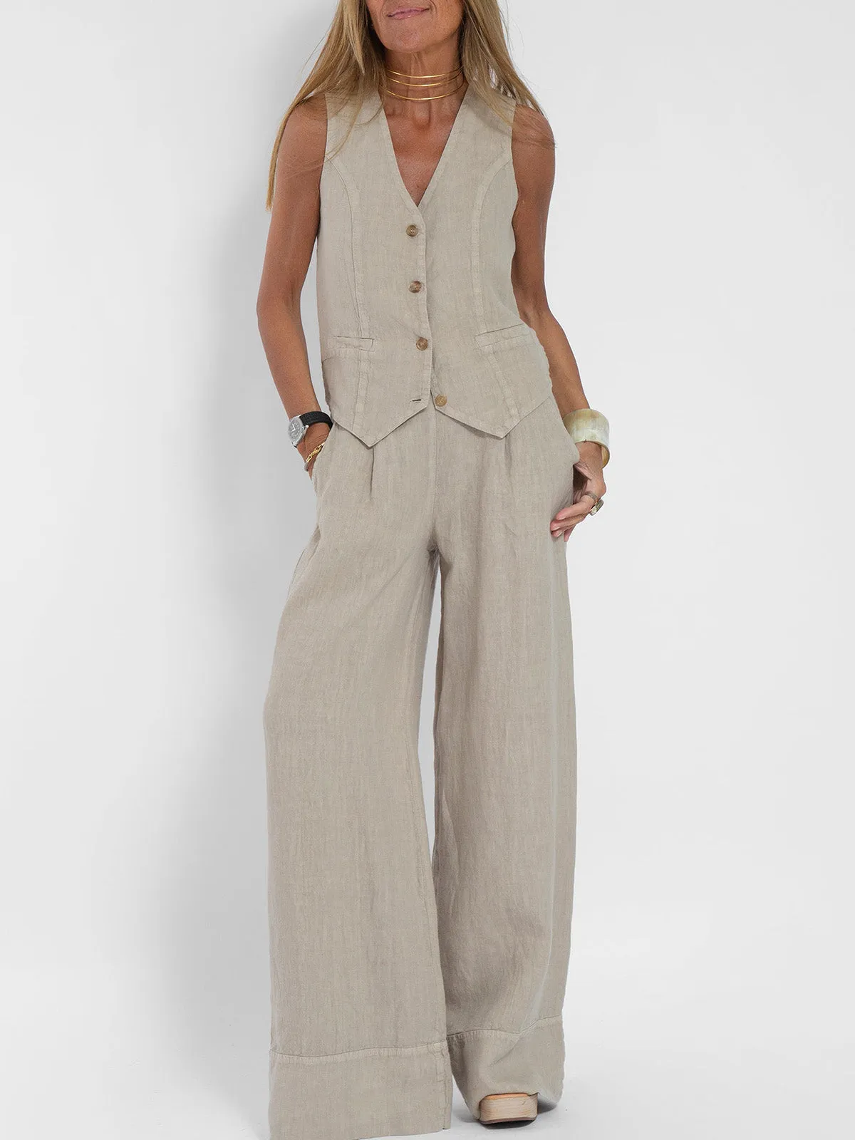 Aira - Buttoned Vest and Wide-Leg Trousers Set