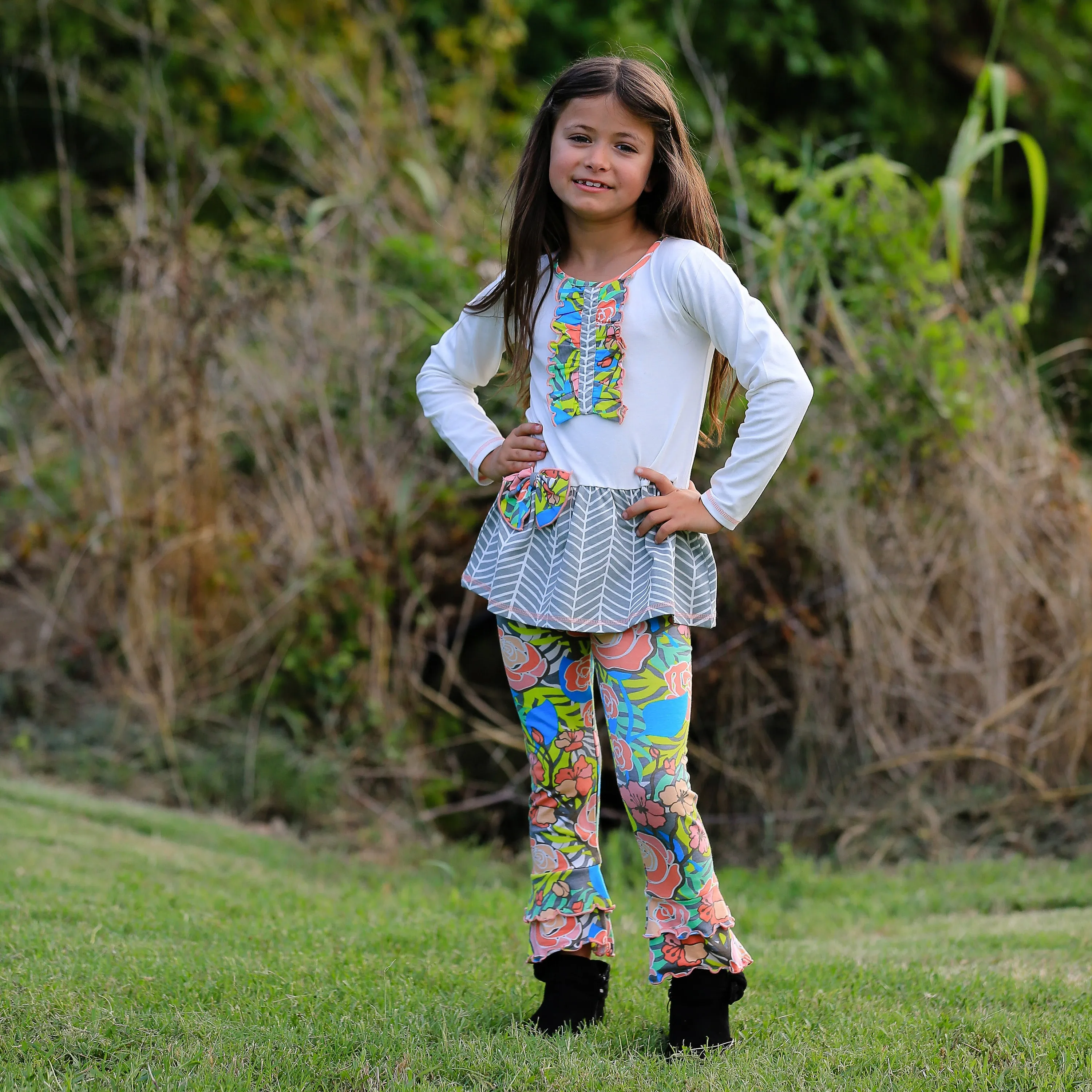 AnnLoren Girls Herringbone Floral Tuxedo Bow Tunic & Pants Clothing Outfit Set sz 2/3T-9/10