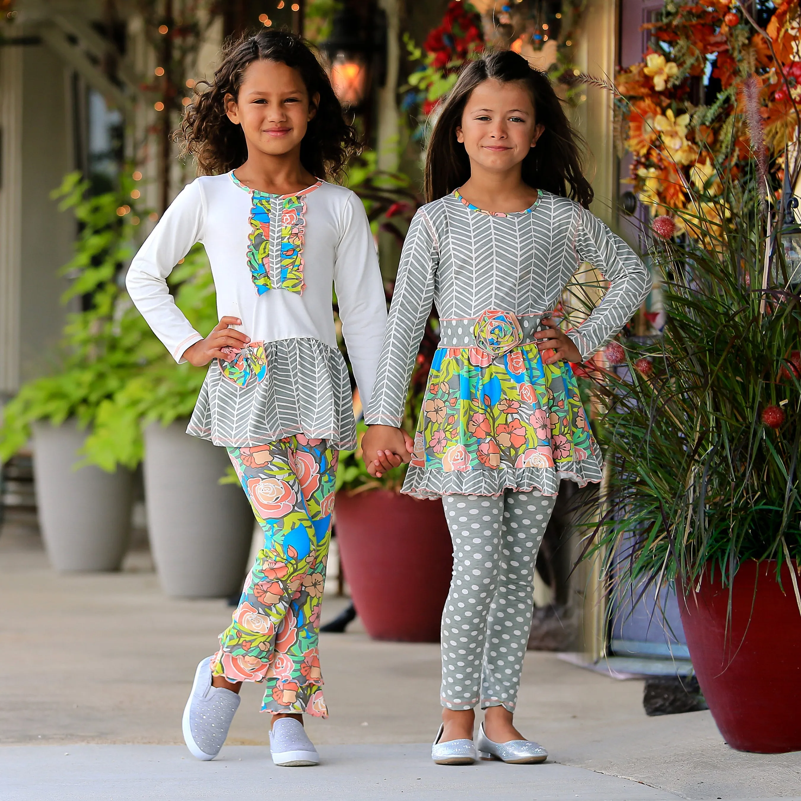 AnnLoren Girls Herringbone Floral Tuxedo Bow Tunic & Pants Clothing Outfit Set sz 2/3T-9/10