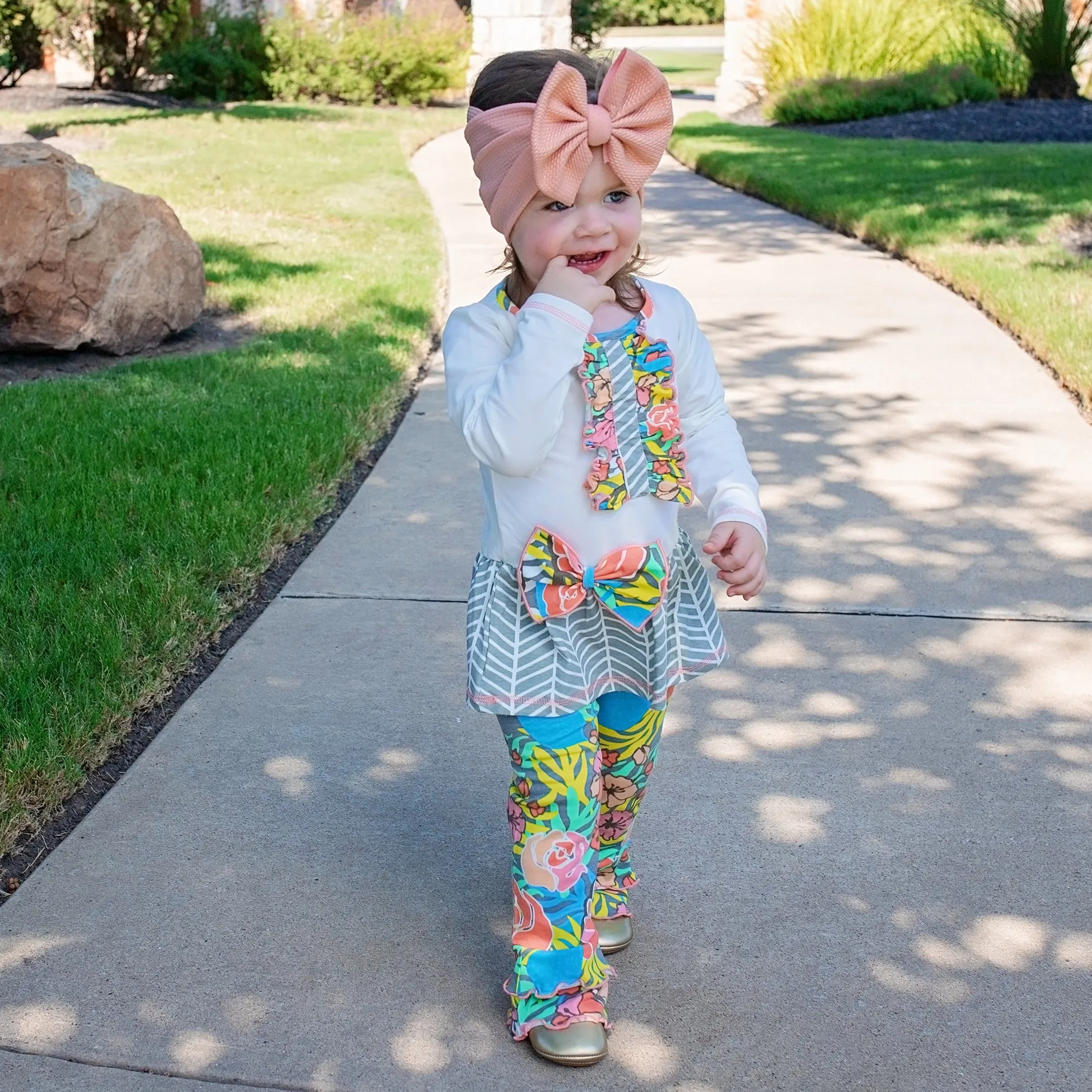 AnnLoren Girls Herringbone Floral Tuxedo Bow Tunic & Pants Clothing Outfit Set sz 2/3T-9/10