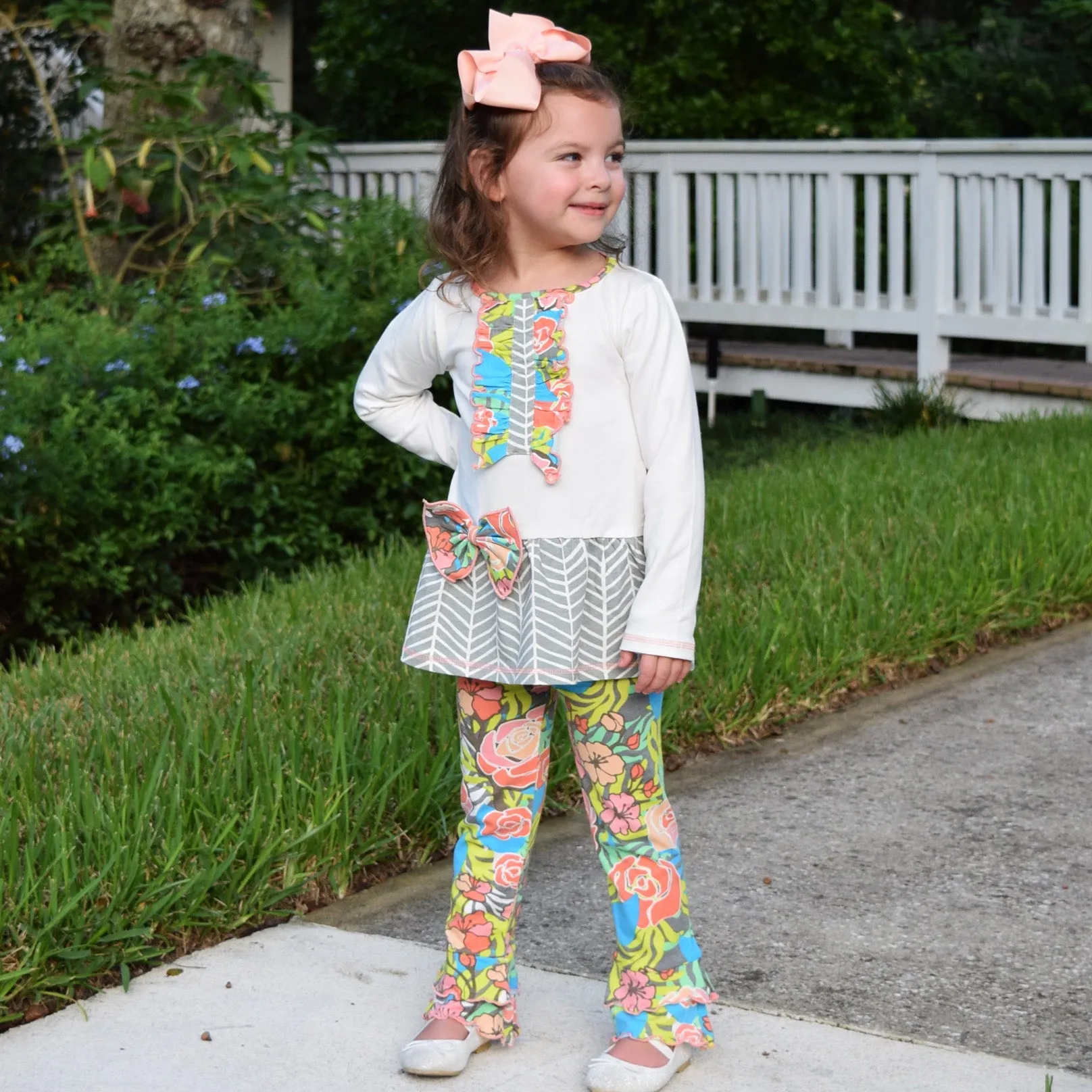 AnnLoren Girls Herringbone Floral Tuxedo Bow Tunic & Pants Clothing Outfit Set sz 2/3T-9/10