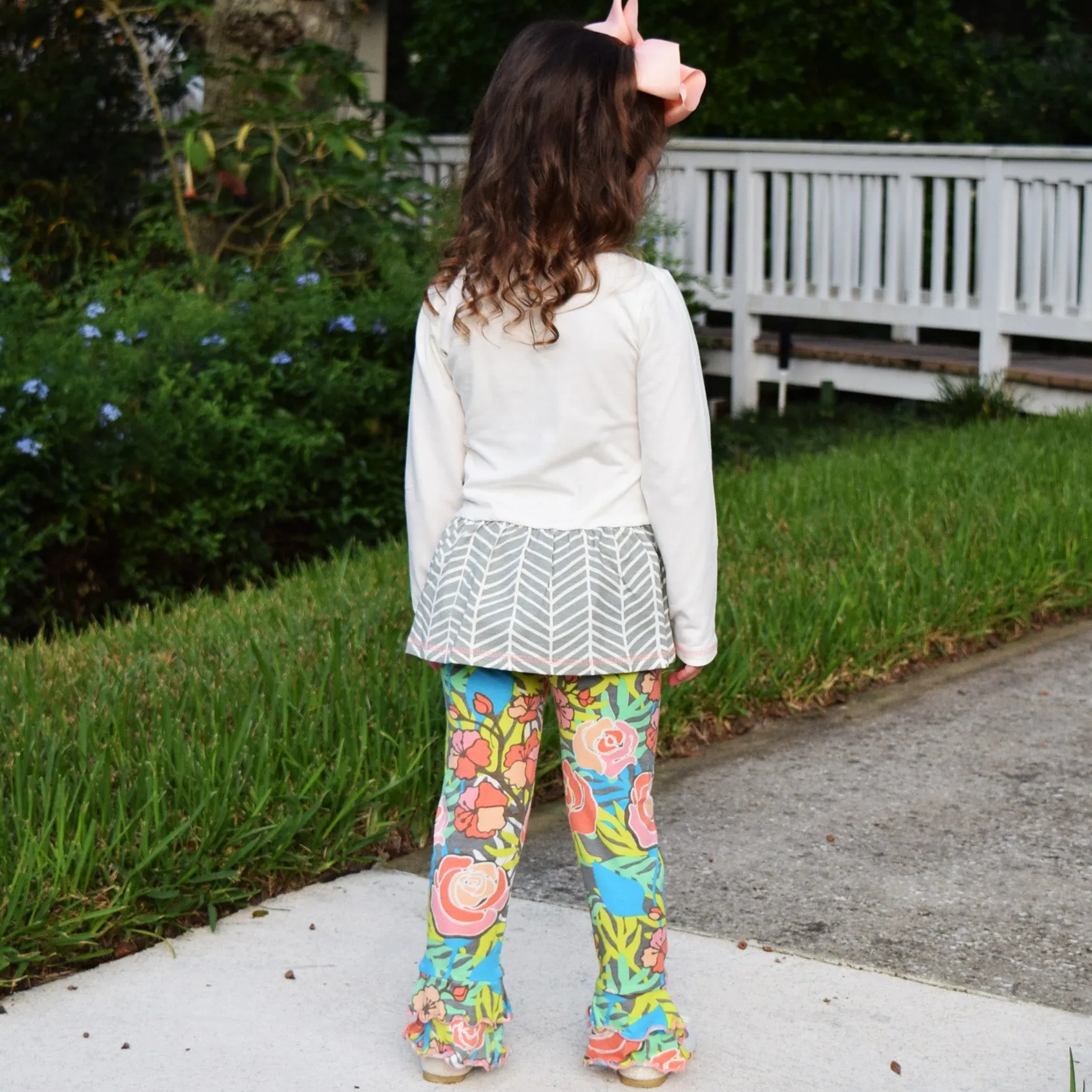 AnnLoren Girls Herringbone Floral Tuxedo Bow Tunic & Pants Clothing Outfit Set sz 2/3T-9/10