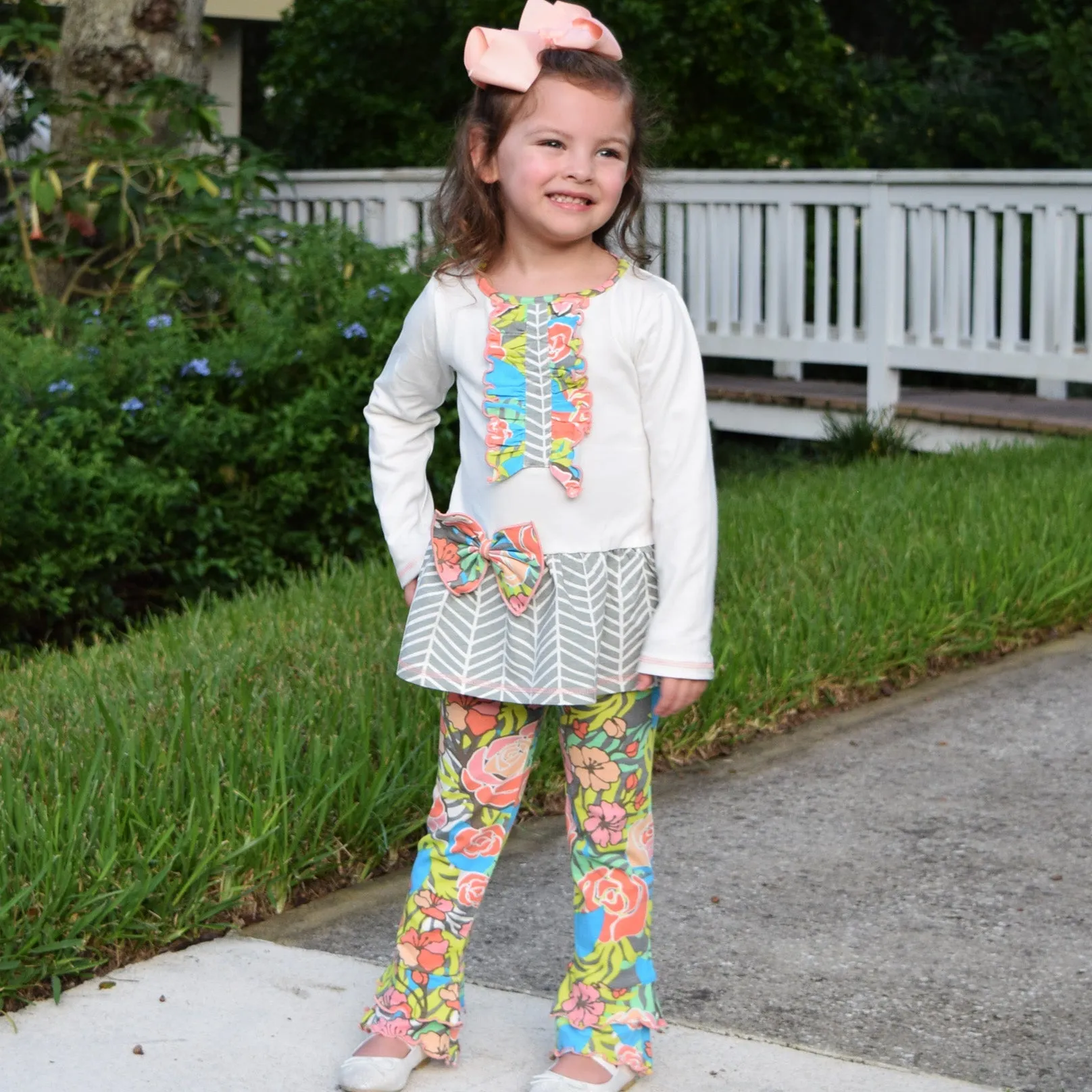 AnnLoren Girls Herringbone Floral Tuxedo Bow Tunic & Pants Clothing Outfit Set sz 2/3T-9/10