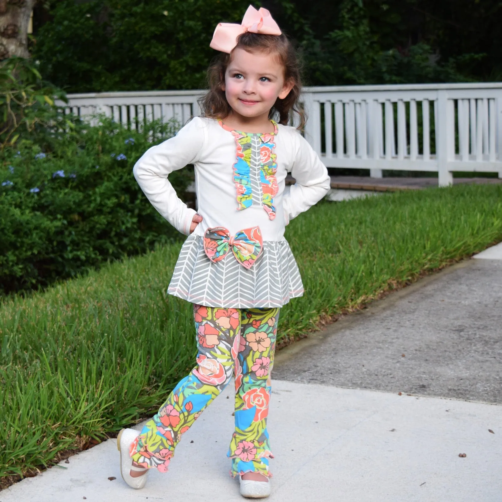 AnnLoren Girls Herringbone Floral Tuxedo Bow Tunic & Pants Clothing Outfit Set sz 2/3T-9/10