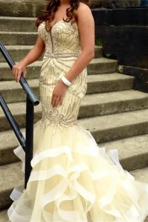 Beige Mermaid Beaded Strapless Long Pretty Prom Dresses For Teens PFP1087
