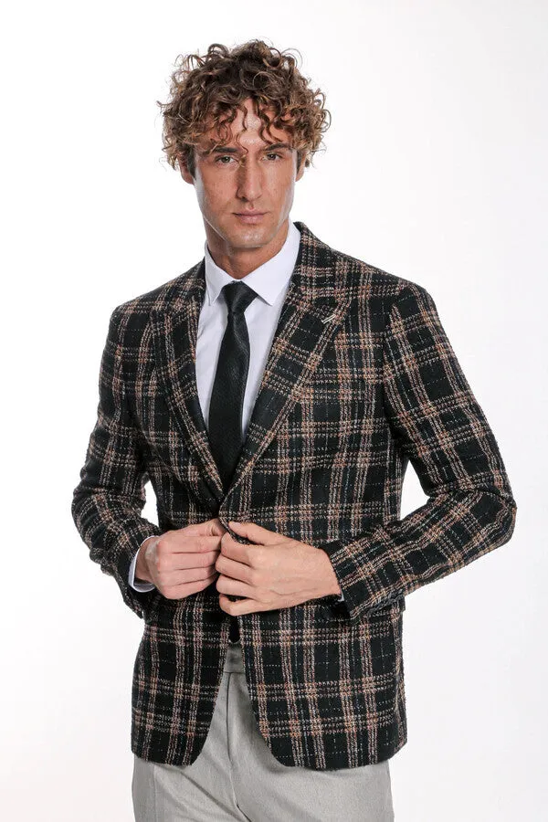 Black Plaid Jacket, Beige Vest, White Shirt, and Black Trousers Combo - Wessi Modern Classic Look