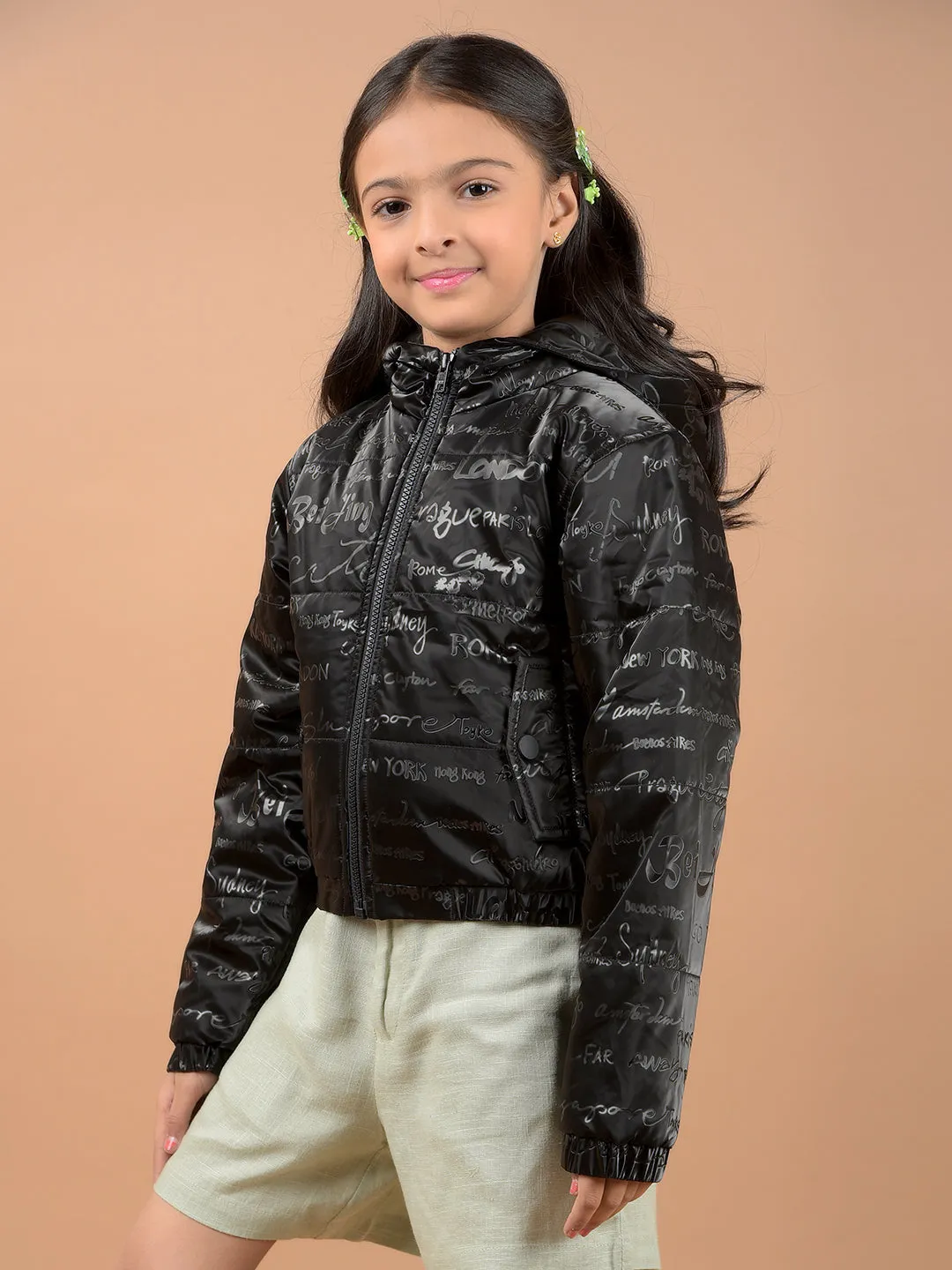 Black Typographic Print Hooded Neck Padded Jacket