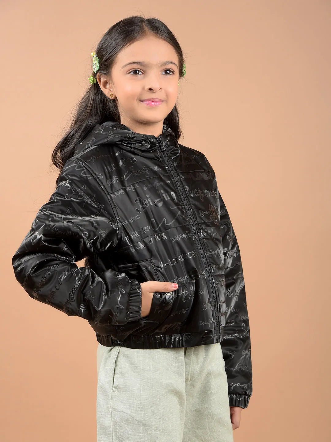 Black Typographic Print Hooded Neck Padded Jacket