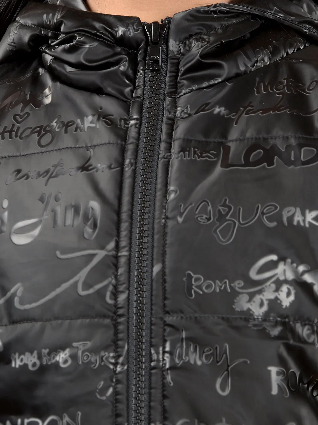 Black Typographic Print Hooded Neck Padded Jacket