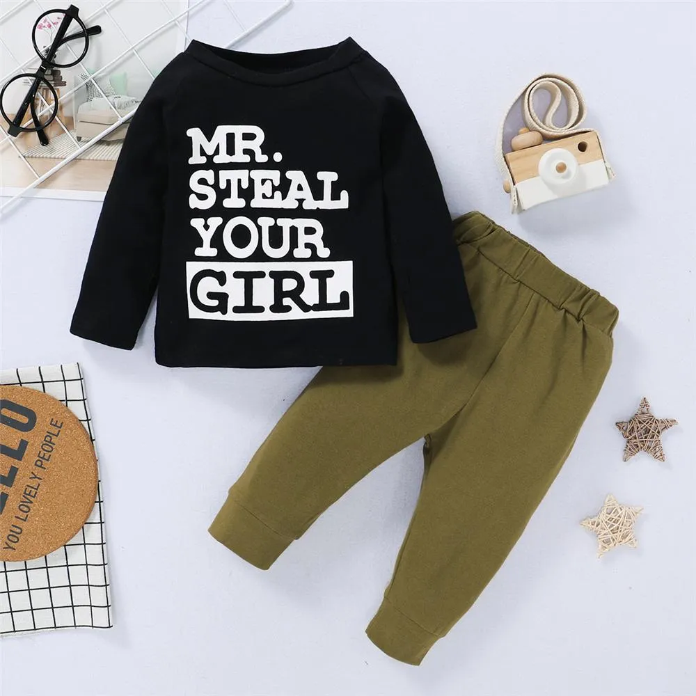 Boys Steal Your Girl Letter Printed Long Sleeve Top & Solid Pants Boy Boutique Clothing Wholesale