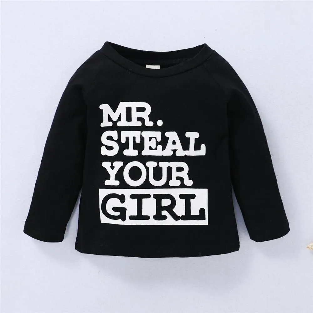Boys Steal Your Girl Letter Printed Long Sleeve Top & Solid Pants Boy Boutique Clothing Wholesale