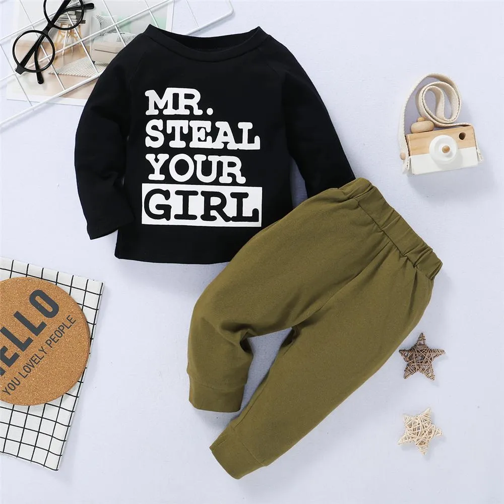 Boys Steal Your Girl Letter Printed Long Sleeve Top & Solid Pants Boy Boutique Clothing Wholesale
