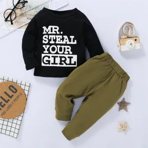 Boys Steal Your Girl Letter Printed Long Sleeve Top & Solid Pants Boy Boutique Clothing Wholesale