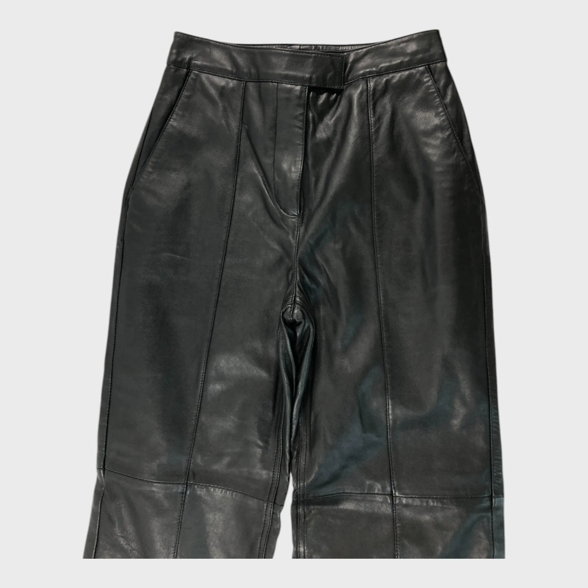 Branded Black Leather Straight Trousers - Size 8