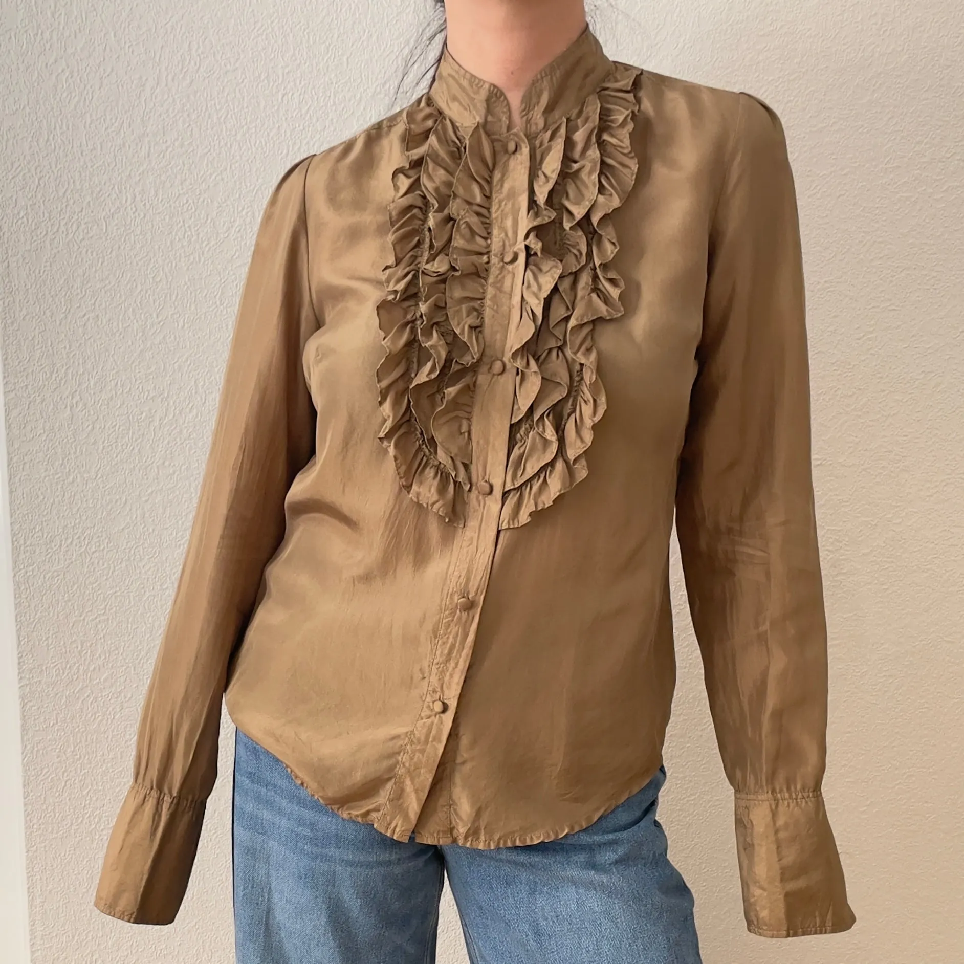 Brown Ruffled Silk Blouse