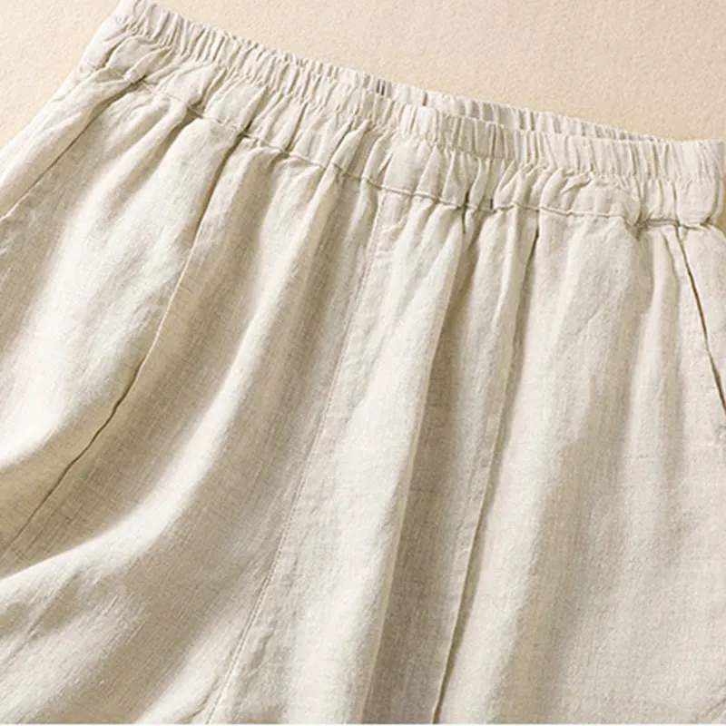 Buddha Stones Summer Solid Elastic Waist Cotton Linen Women's Shorts With Pockets