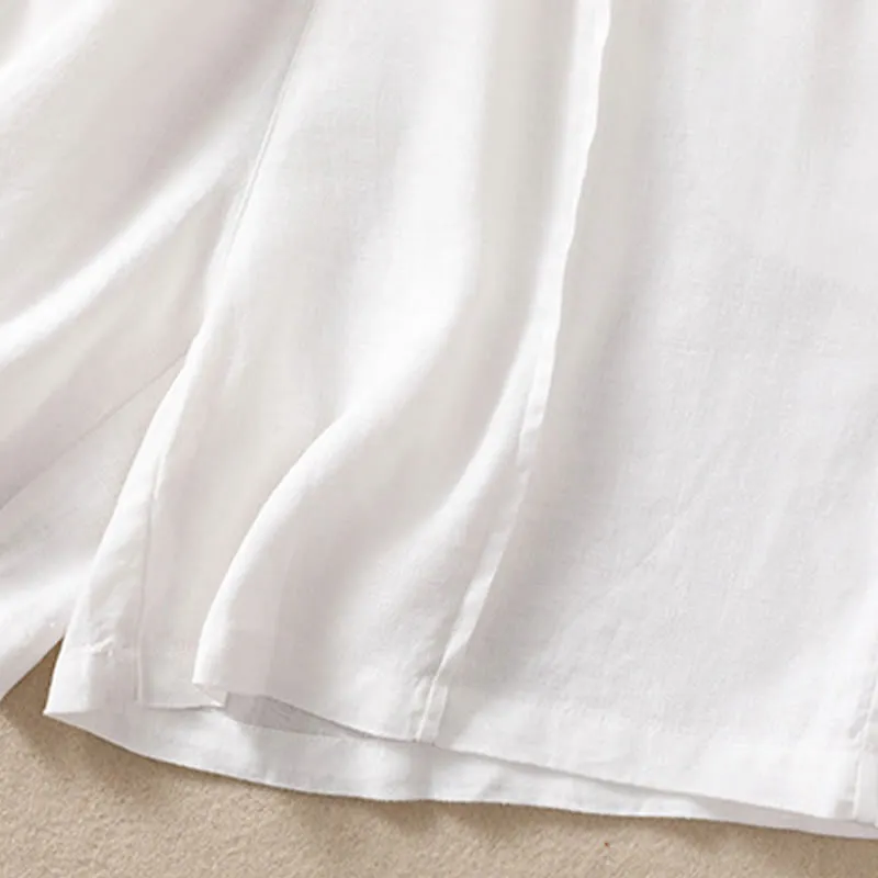 Buddha Stones Summer Solid Elastic Waist Cotton Linen Women's Shorts With Pockets
