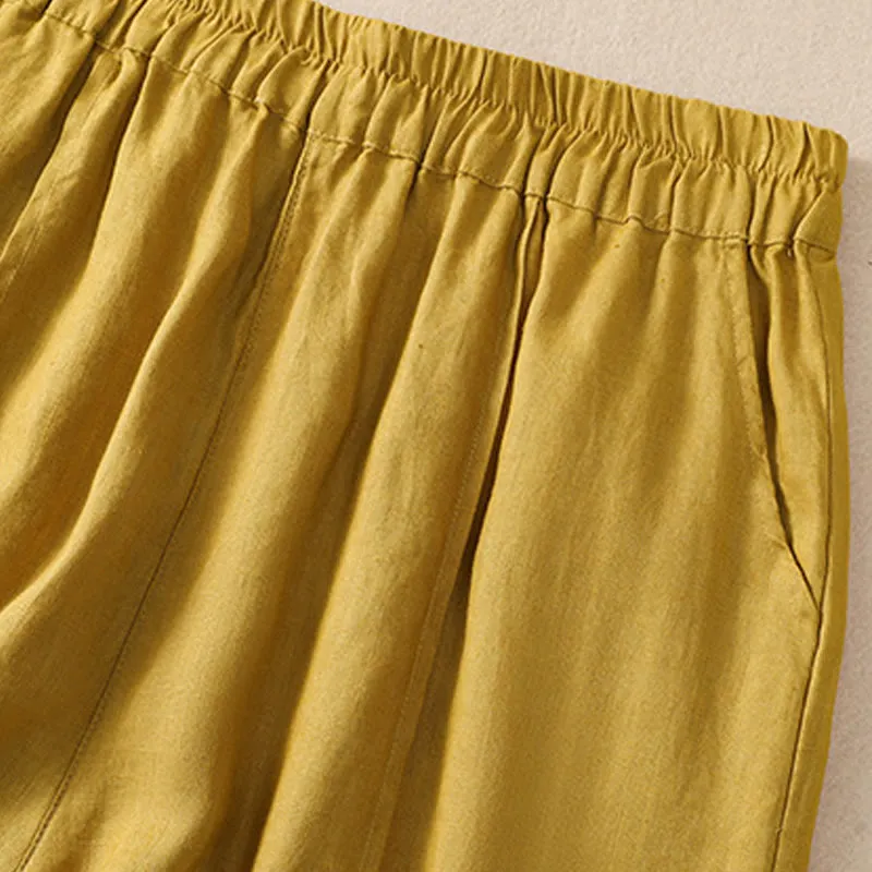 Buddha Stones Summer Solid Elastic Waist Cotton Linen Women's Shorts With Pockets