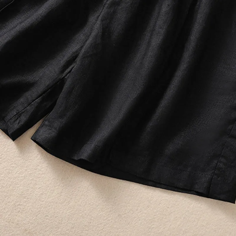 Buddha Stones Summer Solid Elastic Waist Cotton Linen Women's Shorts With Pockets