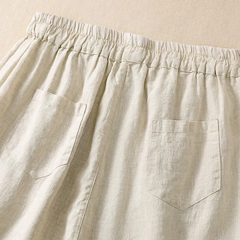 Buddha Stones Summer Solid Elastic Waist Cotton Linen Women's Shorts With Pockets