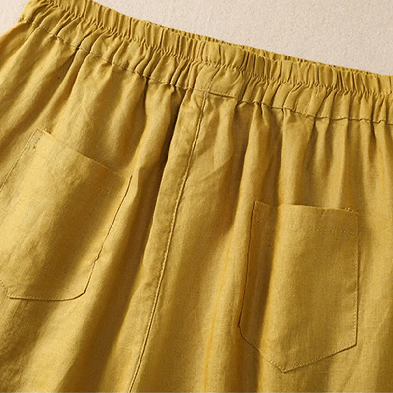 Buddha Stones Summer Solid Elastic Waist Cotton Linen Women's Shorts With Pockets