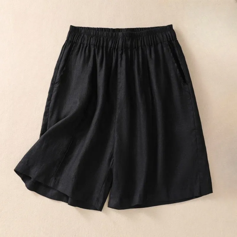 Buddha Stones Summer Solid Elastic Waist Cotton Linen Women's Shorts With Pockets
