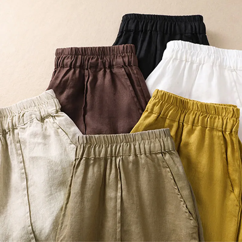 Buddha Stones Summer Solid Elastic Waist Cotton Linen Women's Shorts With Pockets