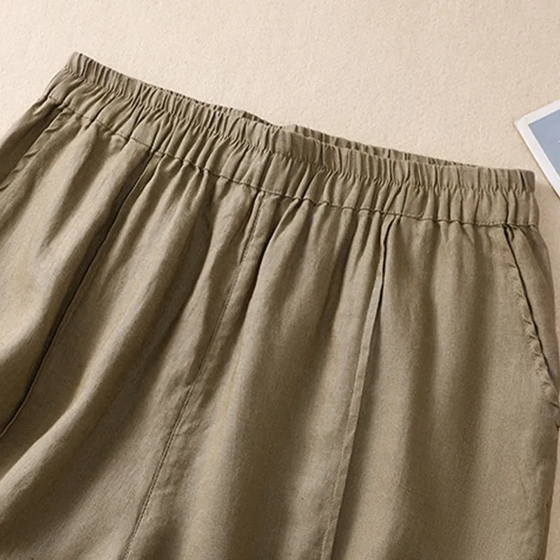 Buddha Stones Summer Solid Elastic Waist Cotton Linen Women's Shorts With Pockets