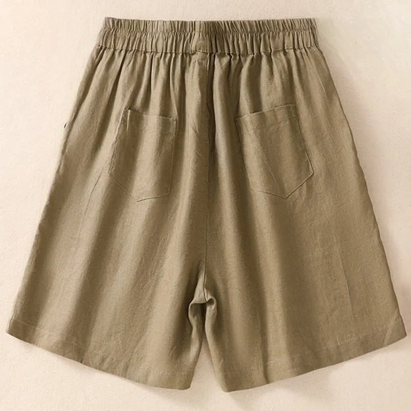 Buddha Stones Summer Solid Elastic Waist Cotton Linen Women's Shorts With Pockets