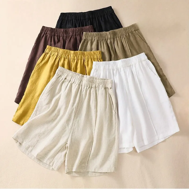 Buddha Stones Summer Solid Elastic Waist Cotton Linen Women's Shorts With Pockets