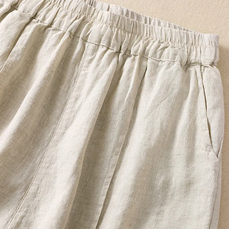 Buddha Stones Summer Solid Elastic Waist Cotton Linen Women's Shorts With Pockets