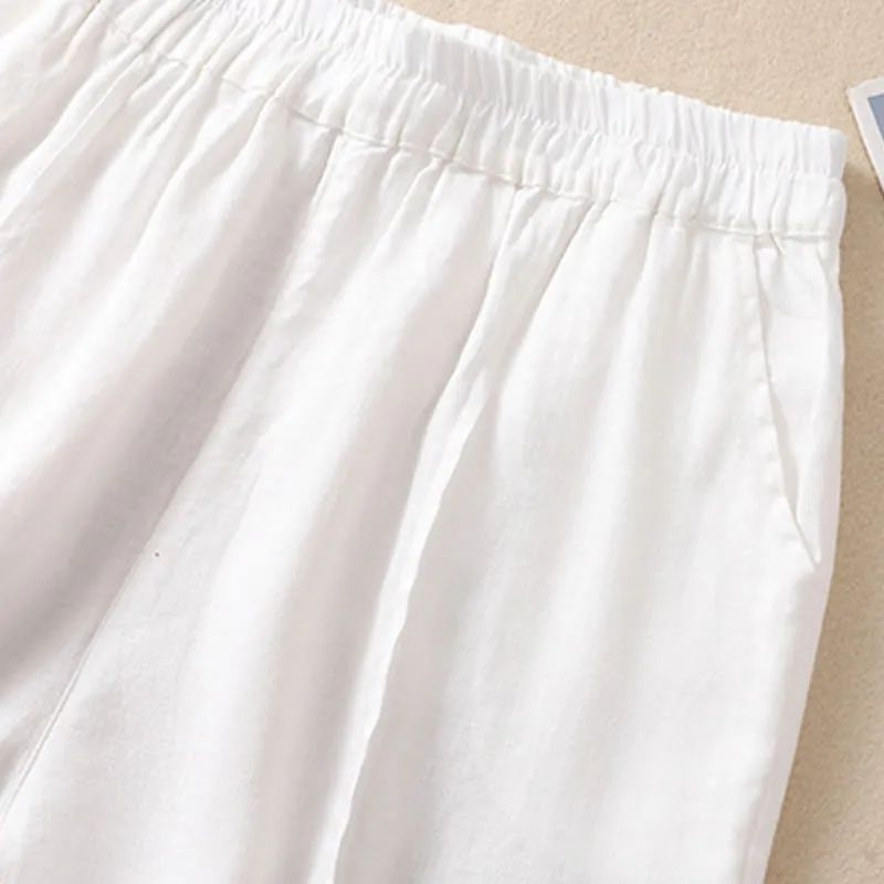 Buddha Stones Summer Solid Elastic Waist Cotton Linen Women's Shorts With Pockets
